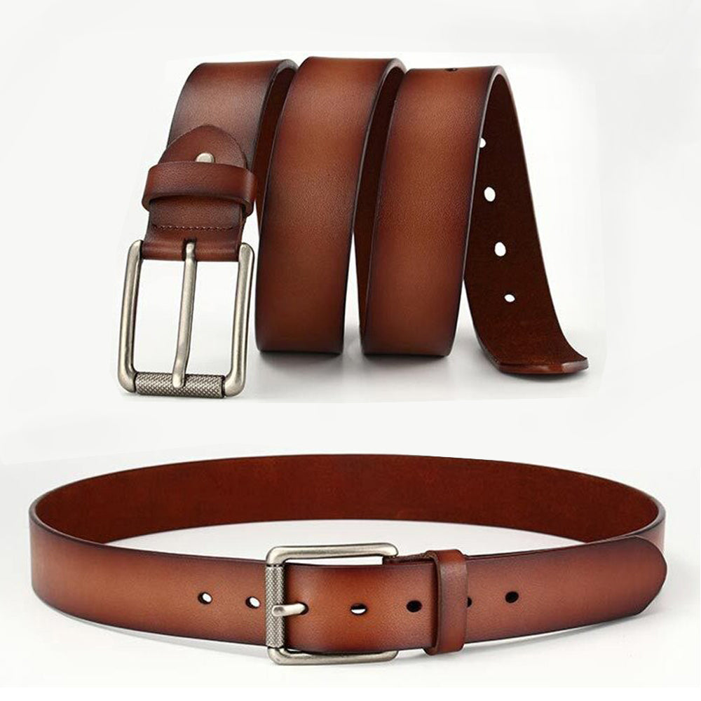 New Cowhide Leather Men Belt Pin Buckle Luxury Male Belts Coffee