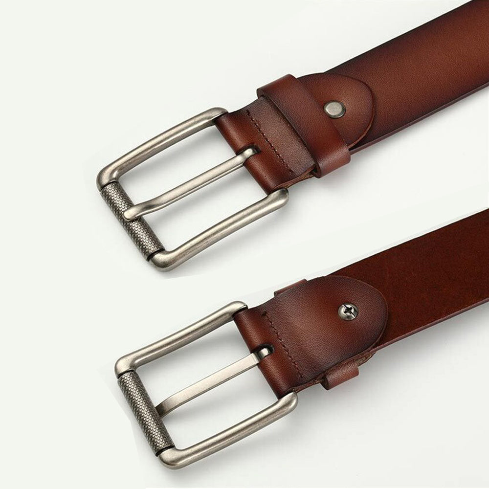 New Cowhide Leather Men Belt Pin Buckle Luxury Male Belts Coffee