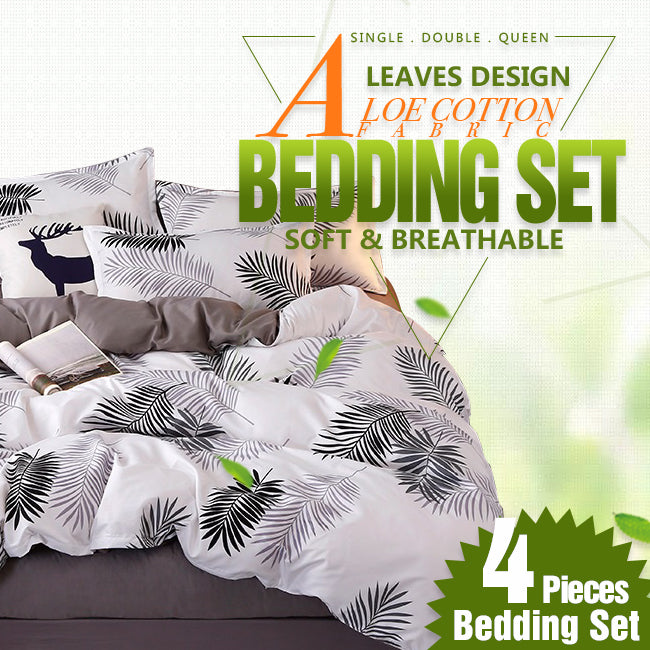 Palm Leaves Pattern Aloe Cotton Flat Sheet Quilt Cover Pillowcases 4pcs Bedding Set (King)