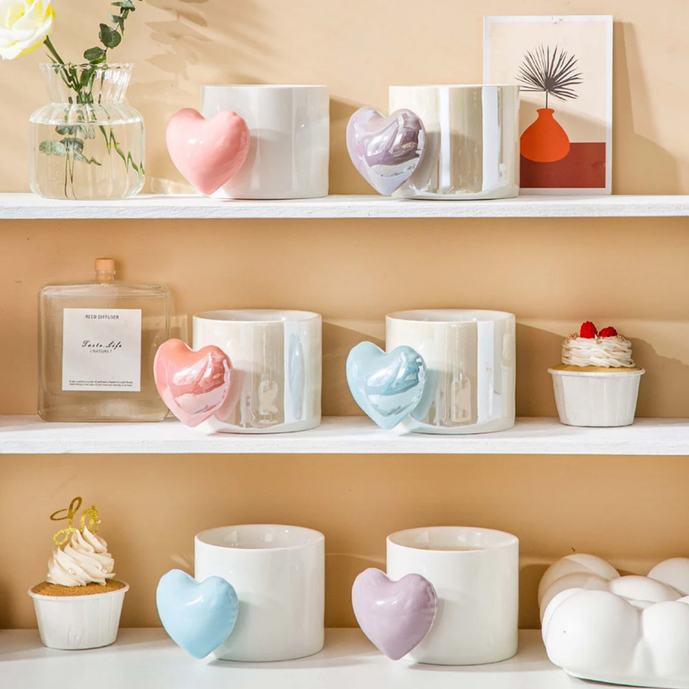 Lovely 3D Heart Love Ceramic Cup Mug Puffy Heart Handle with Gift Box Purple