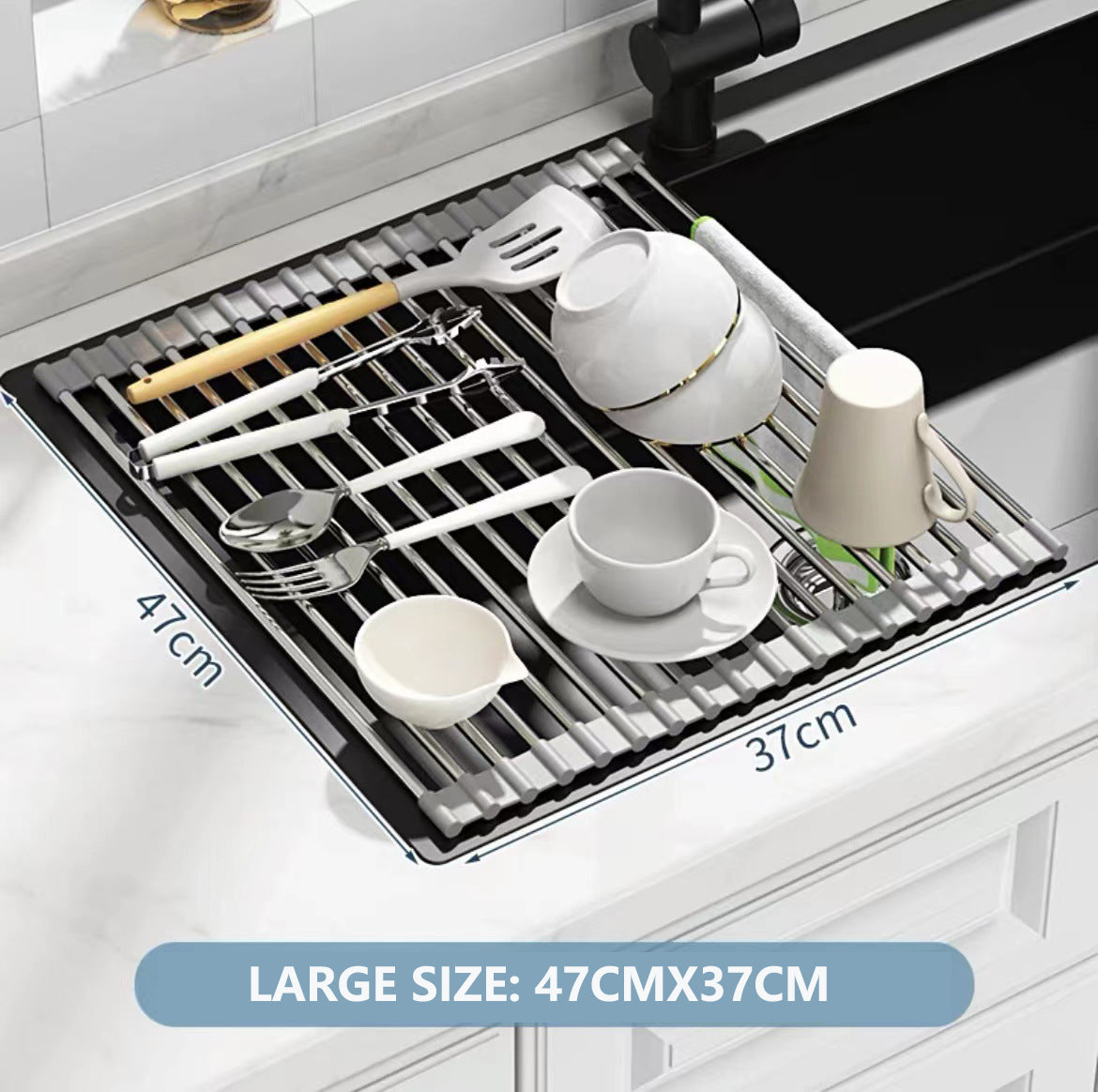 Kitchen Roll-Up Dish Drying Rack Foldable Drainer Over Sink 304-Stainless SteelLarge:47*37cm