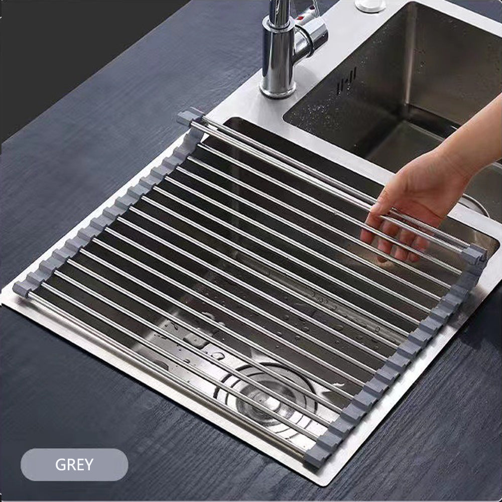 Kitchen Roll-Up Dish Drying Rack Foldable Drainer Over Sink 304-Stainless SteelLarge:47*37cm