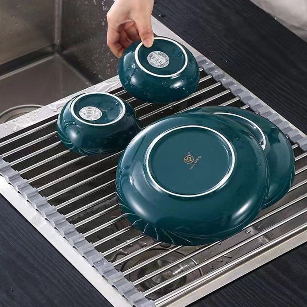 Kitchen Roll-Up Dish Drying Rack Foldable Drainer Over Sink 304-Stainless SteelLarge:47*37cm