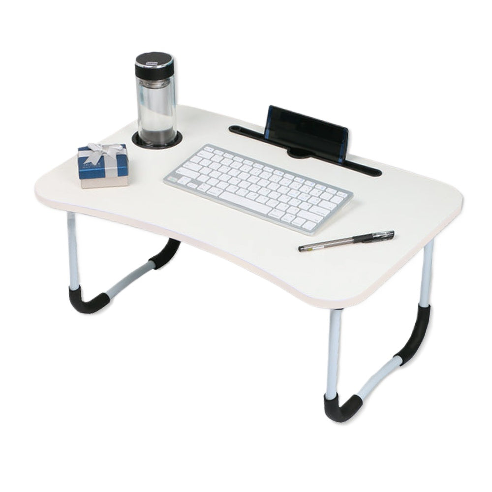 Foldable Desk Laptop Stand Table Bed Computer Study Adjustable Portable Cup Slot(White)