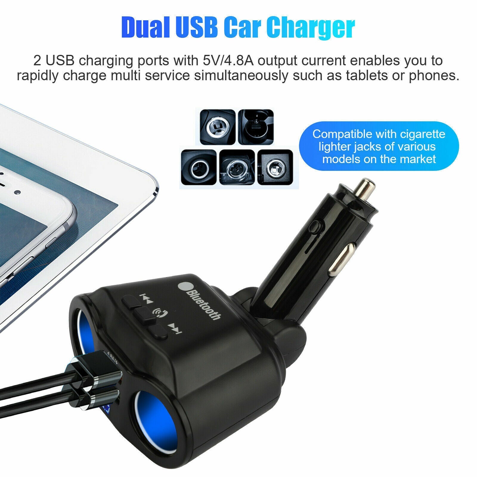 Dual Car Cigarette Lighter Socket Dual USB Charger Adapter Bluetooth5.3 MP3 Player