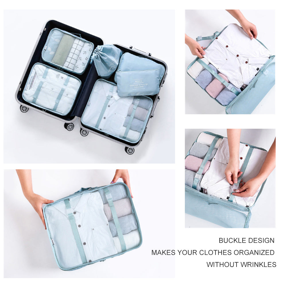6 Pcs Waterproof Compression Packing Cubes Large Travel Luggage Organizer Storage Light Blue