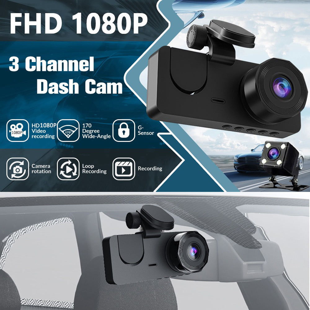 3 Channel Car DVR HD 1080P Vehicle Dash Cam Three Way Camera DVRs Recorder with 32 GB Card