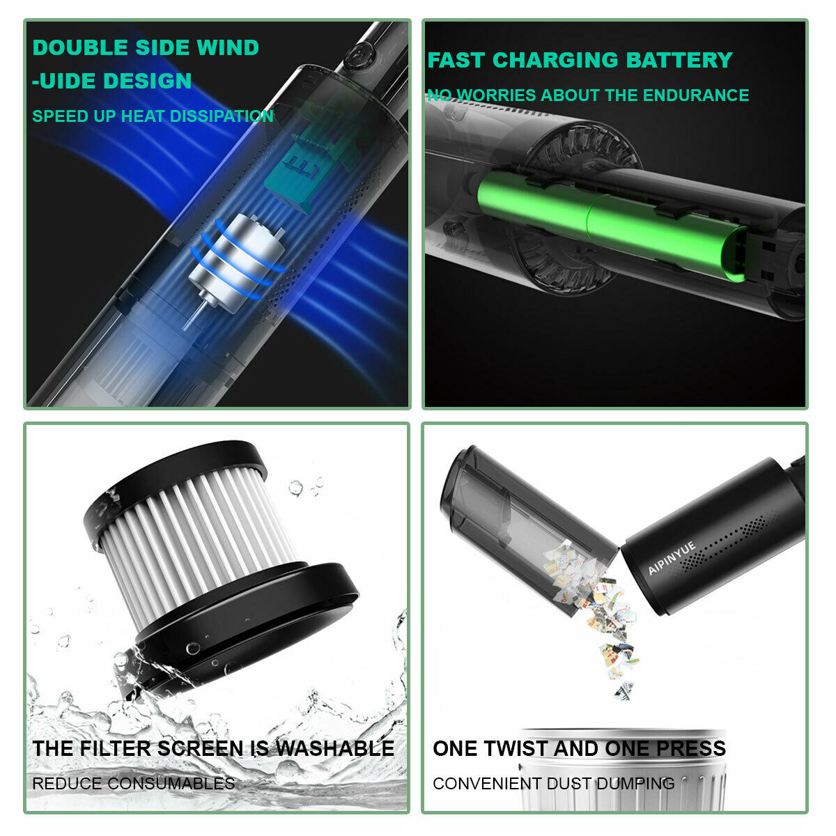 Wireless Charge 6000Pa Suction Powerful Portable Car Vacuum Cleaner Home DusterBlack