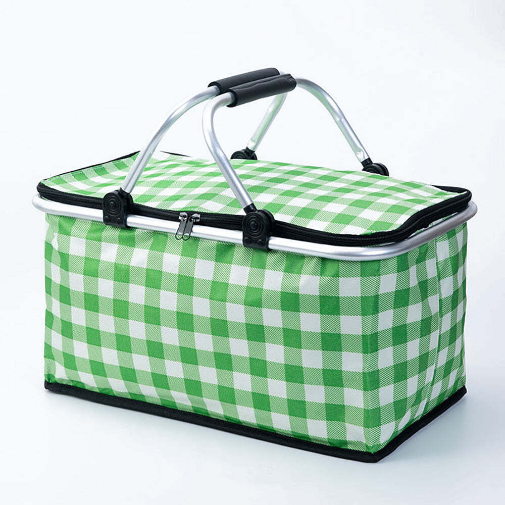 Collapsible Outdoor Camping Portable Insulated Picnic Basket Camping Picnic Ice PackGreen Grid