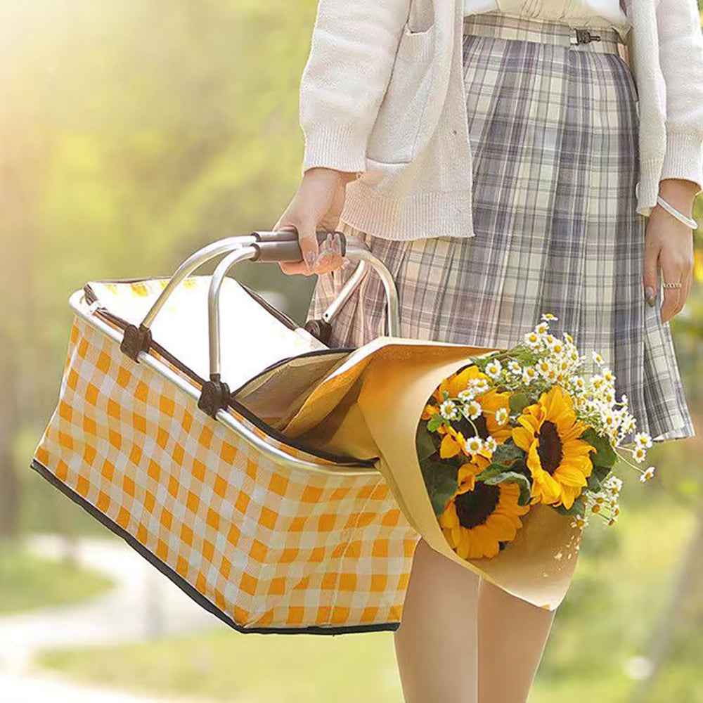 Collapsible Outdoor Camping Portable Insulated Picnic Basket Camping Picnic Ice PackGreen Grid
