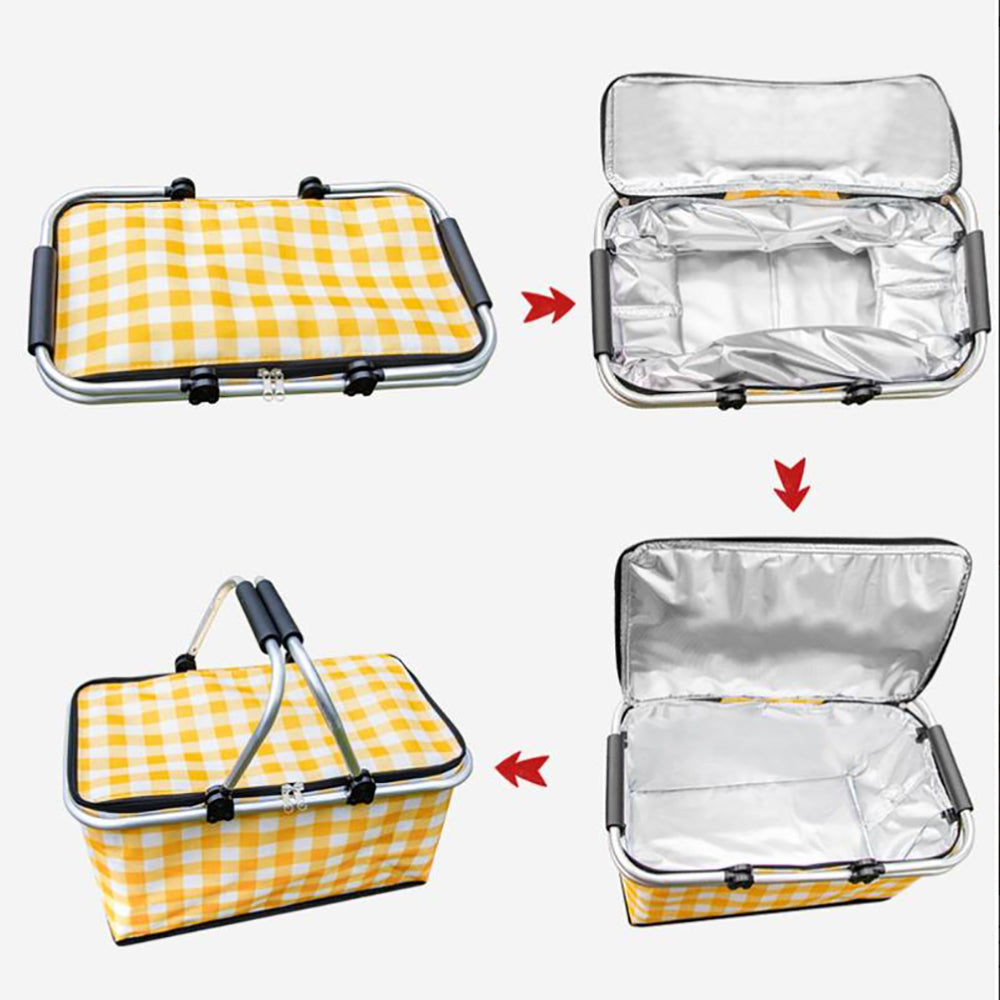 Collapsible Outdoor Camping Portable Insulated Picnic Basket Camping Picnic Ice PackGreen Grid