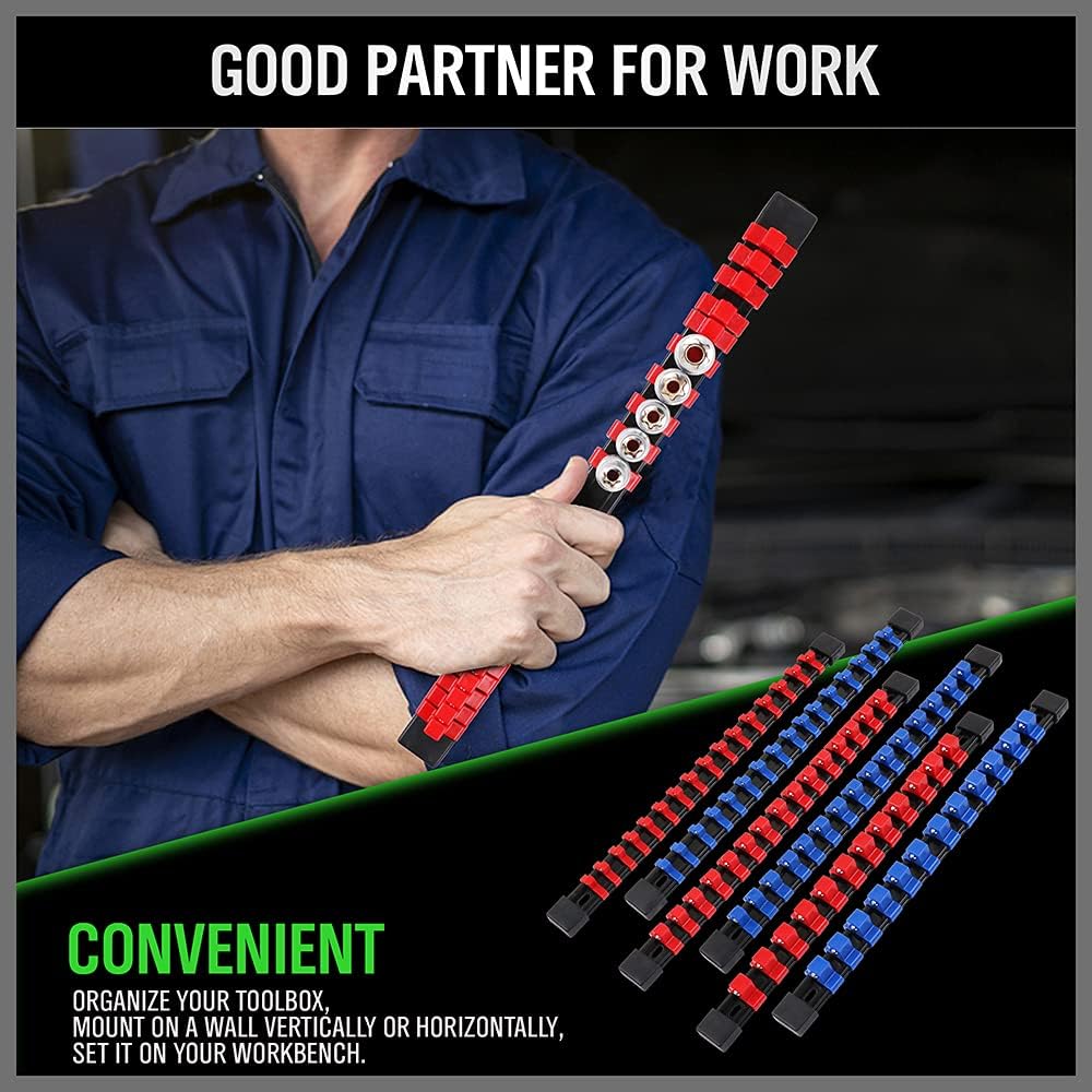 6-Piece Socket Organizer Set, Sockets Holder Rack Rail Mountable 86 Sliding Clips, Premium Quality Socket Holders Workshop Organiser