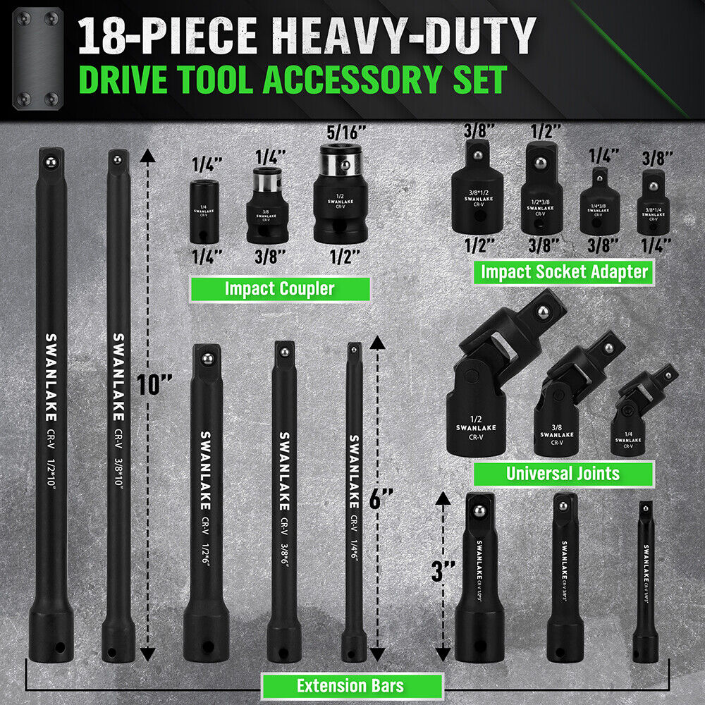 18Pcs Drive Tool Accessory Set Extension Bars Impact Universal Joint