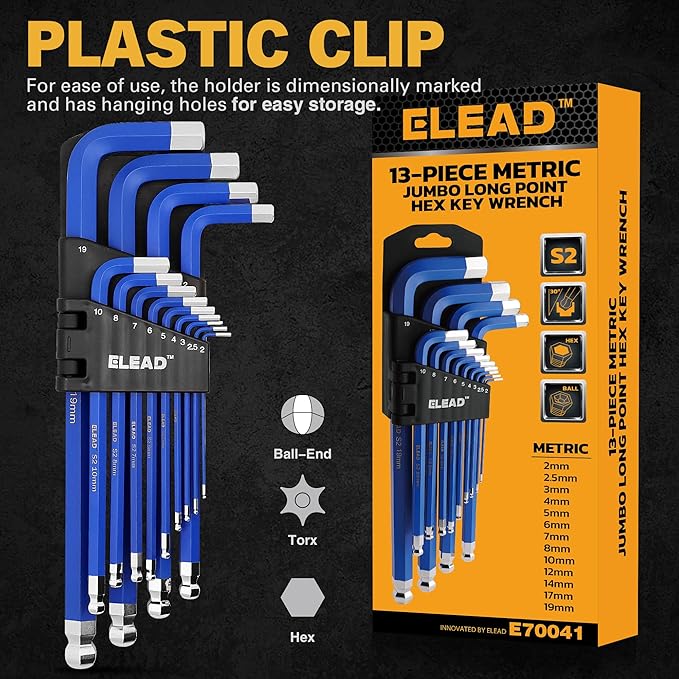 ELEAD Jumbo Hex Key Allen Wrench Set | 13-Piece Metric 2-19mm | Long Ball End Durable CR-V | Automotive | Mechanic | Furniture | Professional Grade Tools