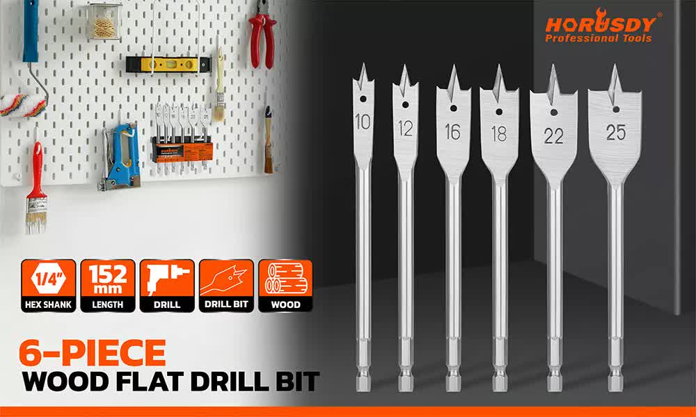 6-Pieces Flat Wood Boring Spade Drill Bit Set Drillbits 10-25mm Bits 1/4