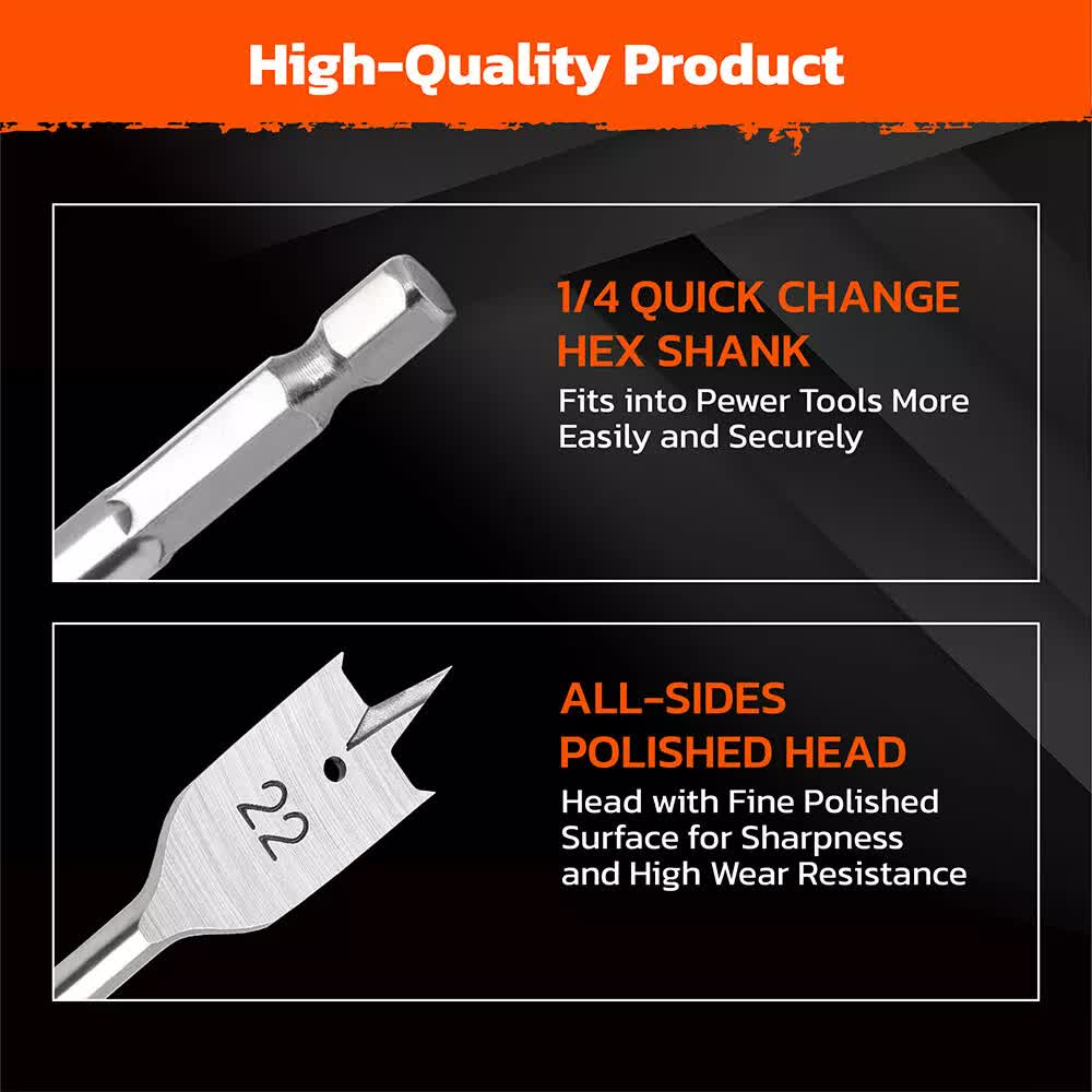 6-Pieces Flat Wood Boring Spade Drill Bit Set Drillbits 10-25mm Bits 1/4