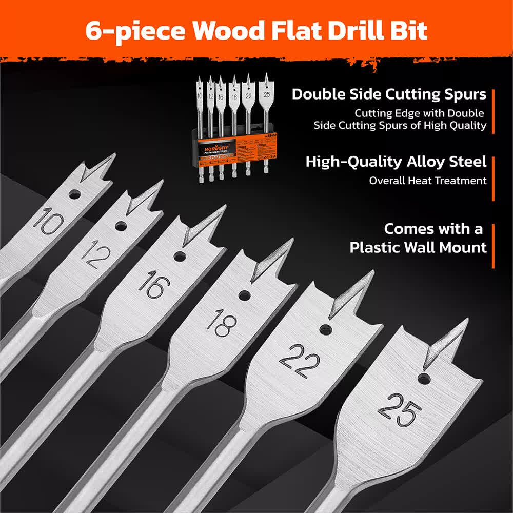 6-Pieces Flat Wood Boring Spade Drill Bit Set Drillbits 10-25mm Bits 1/4