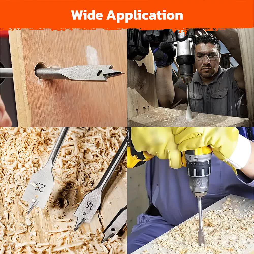 6-Pieces Flat Wood Boring Spade Drill Bit Set Drillbits 10-25mm Bits 1/4