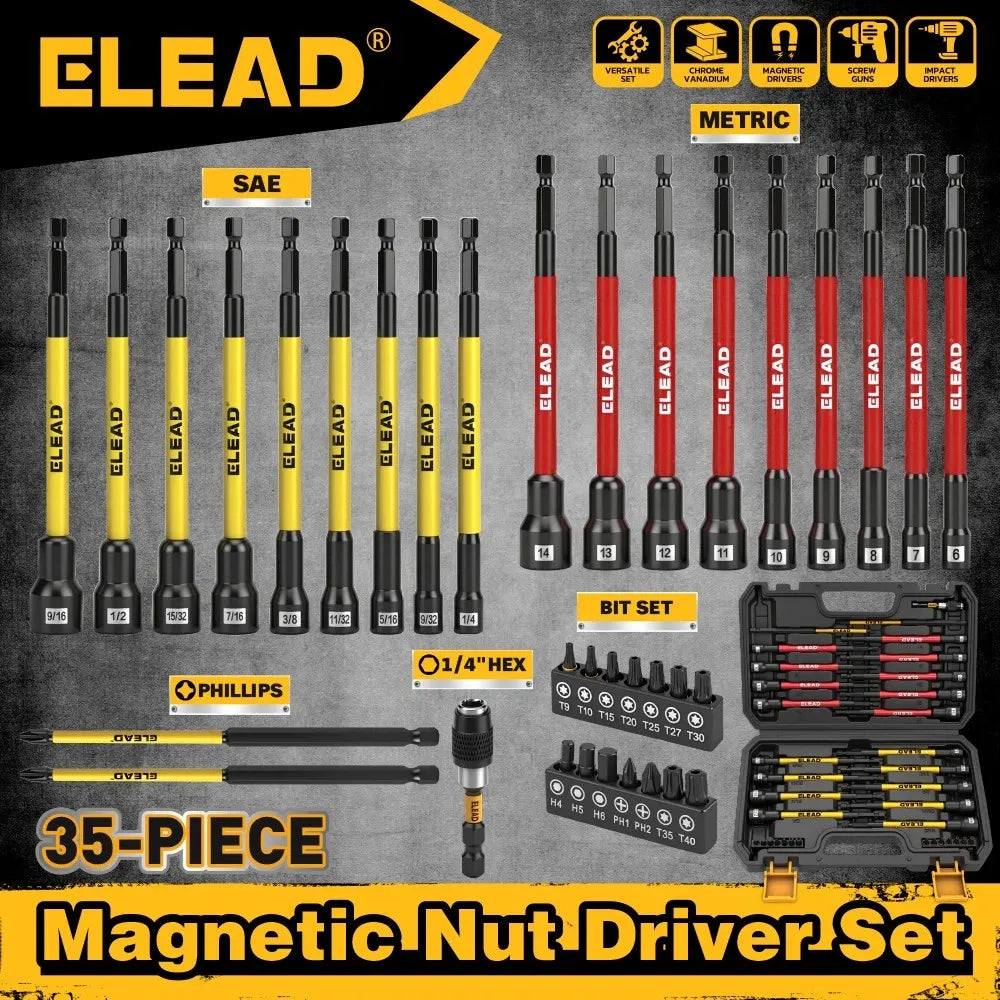 ELEAD 35 Piece Magnetic Nut Driver Bit Set, Metric & SAE 1/4