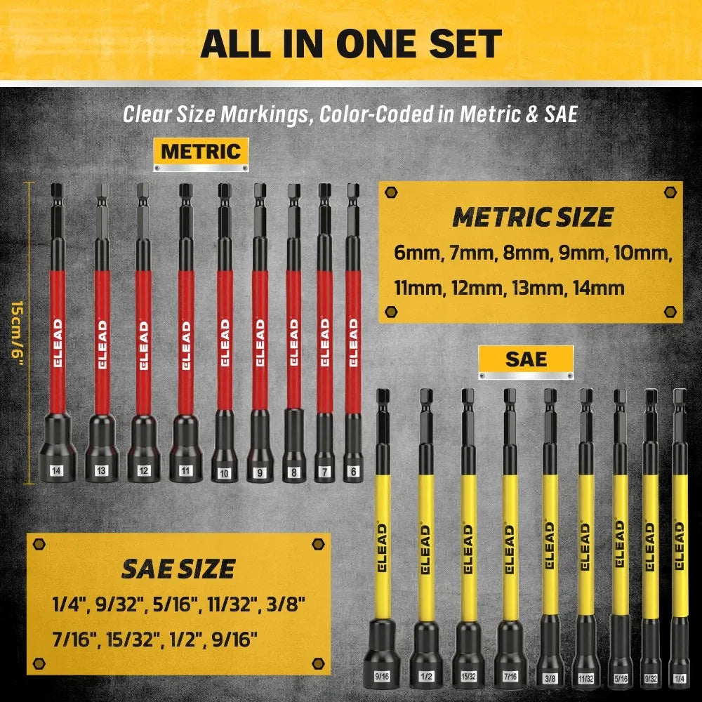 ELEAD 35 Piece Magnetic Nut Driver Bit Set, Metric & SAE 1/4