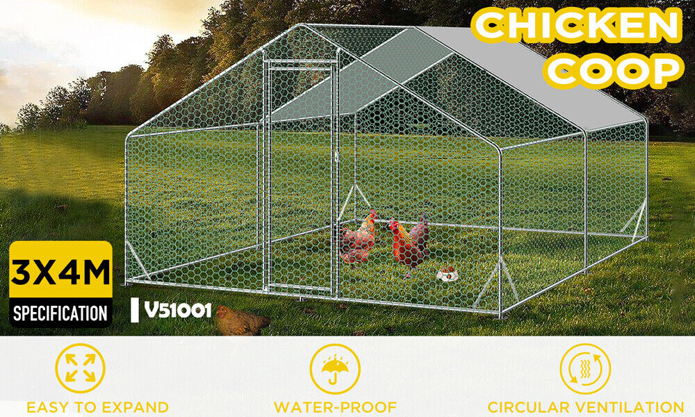 3x4x1.95m Metal Walk-in Chicken Coop Rabbit Hutch Cage Hen House Chook Au