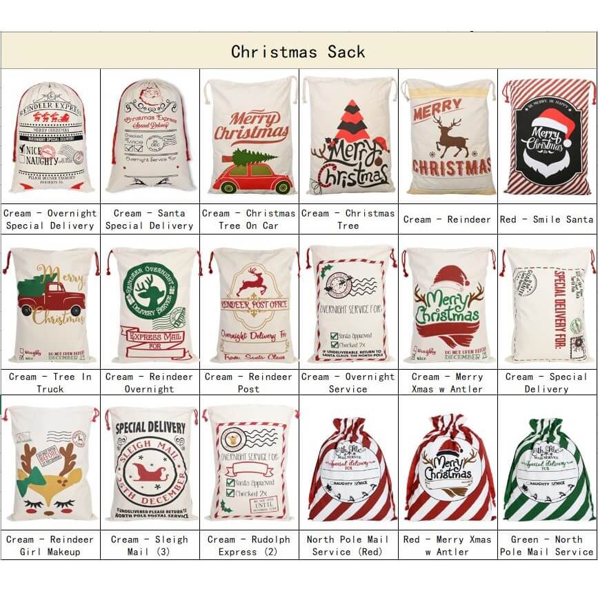 Large Christmas XMAS Hessian Santa Sack Stocking Bag Reindeer Children Gifts Bag, Cream - Overnight Special Delivery
