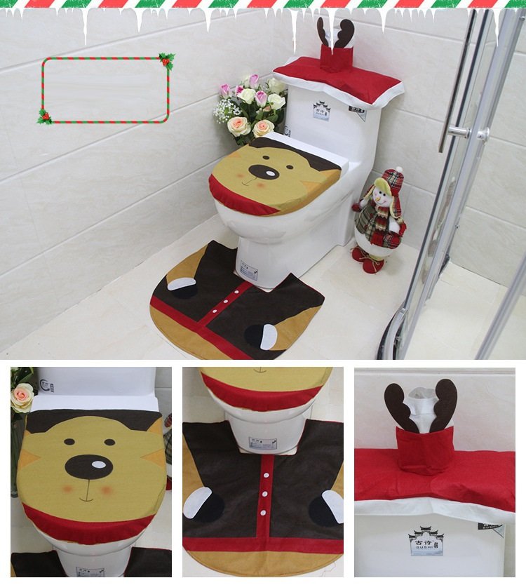 4pcs Christmas Toilet Seat Cover Rug Bathroom Set Santa Snowman Xmas Home DÃ©cor, Reindeer