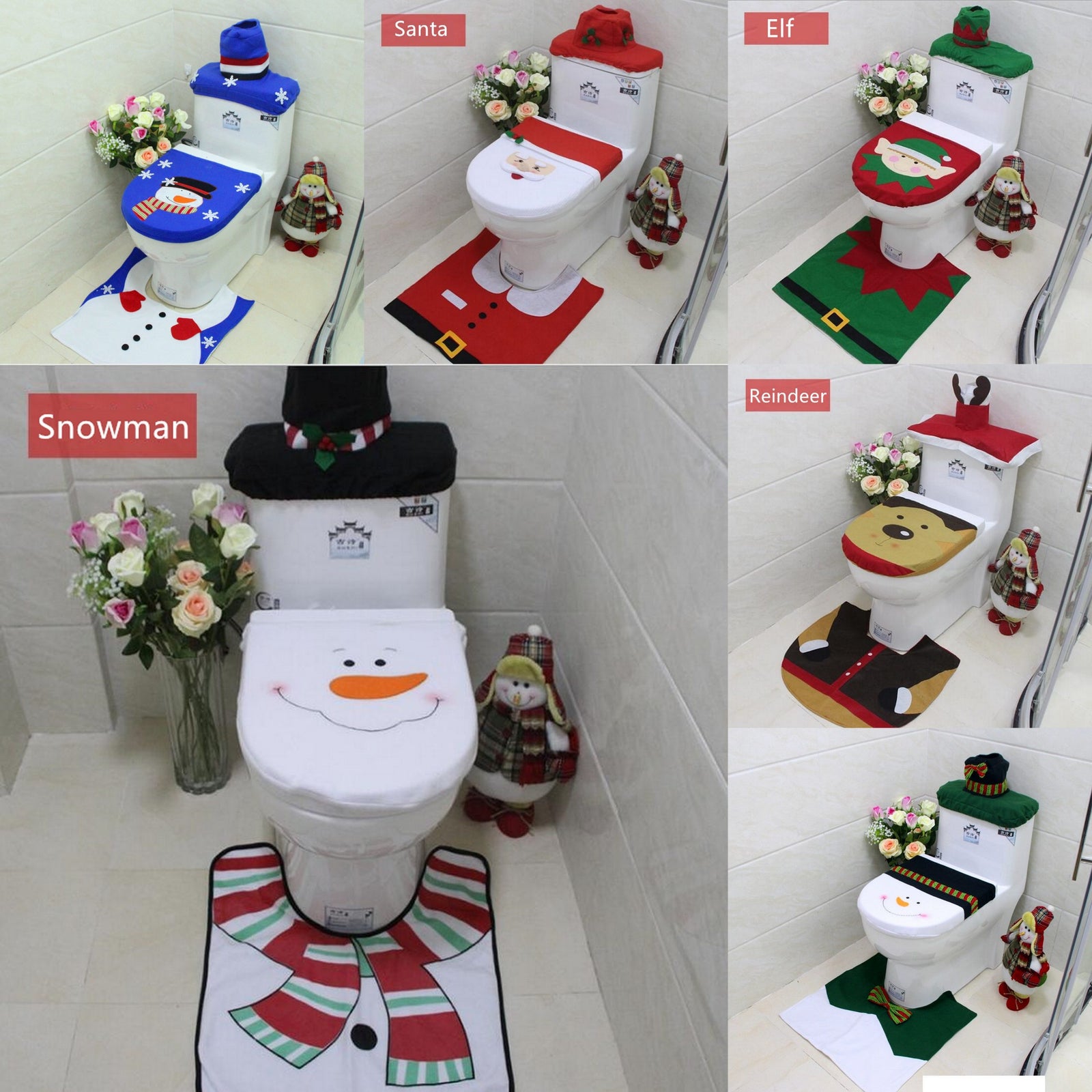 4pcs Christmas Toilet Seat Cover Rug Bathroom Set Santa Snowman Xmas Home DÃ©cor, Reindeer