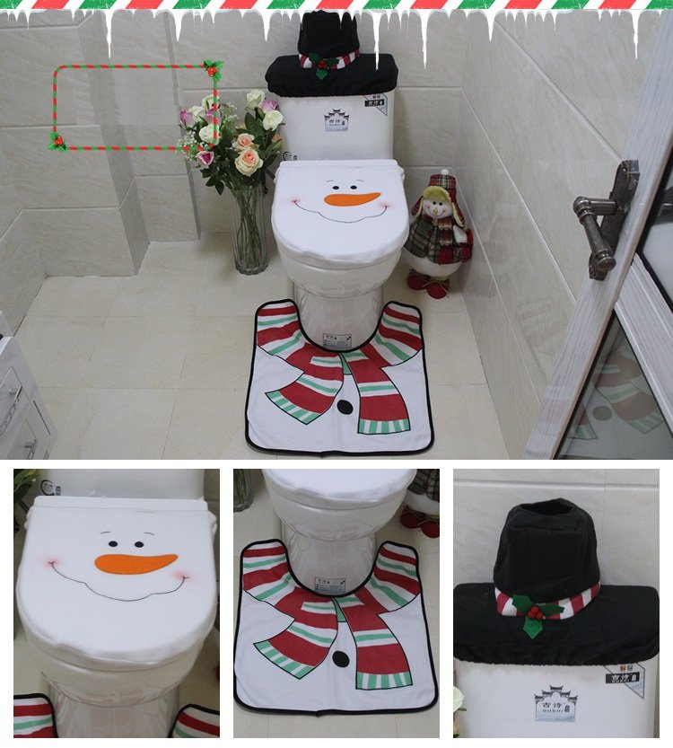 4pcs Christmas Toilet Seat Cover Rug Bathroom Set Santa Snowman Xmas Home Décor, Snowman A