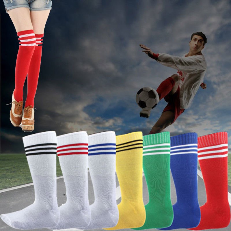 Mens Womens Sports Breathable Tube Long High Socks Knee Warm Casual Footy Soccer, White w Black Stripes