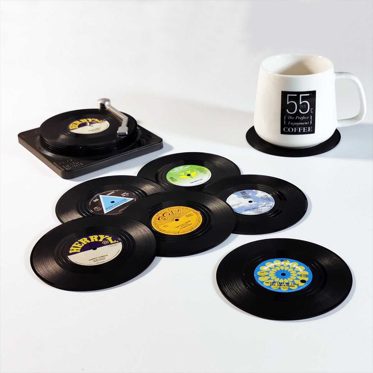 6x Creative Vinyl Record Cup Coasters w Holder Glass Drink Tableware Home DÃ©cor, B w/ Record Player Holder