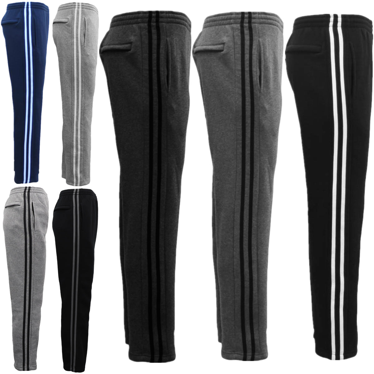 Men's Fleece Casual Sports Track Pants w Zip Pocket Striped Sweat Trousers S-6XL, Black, 4XL