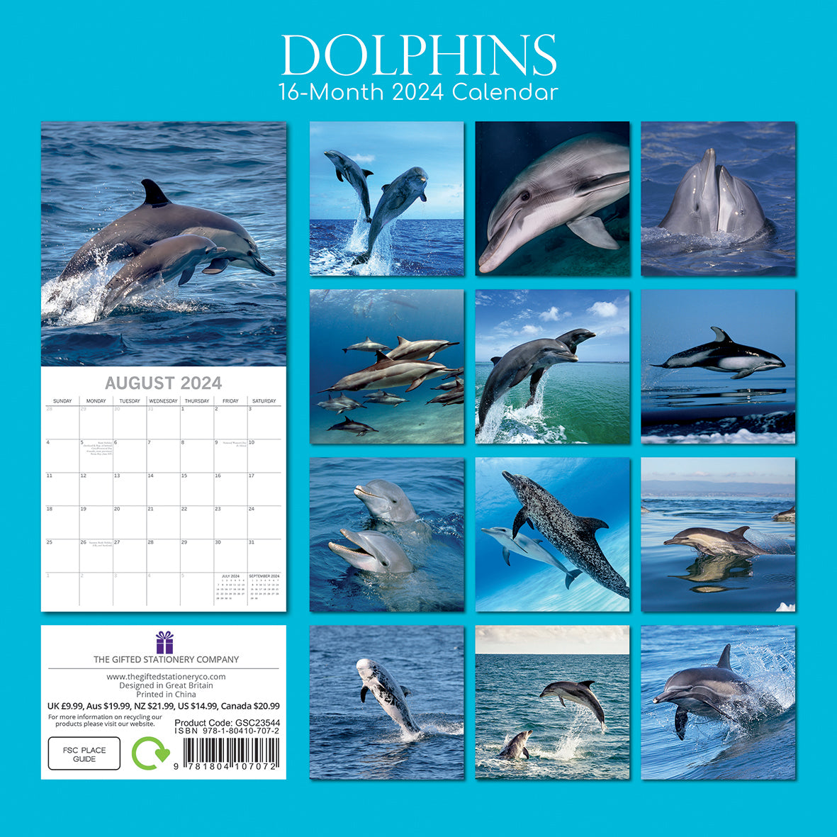 Dolphins - 2024 Square Wall Calendar Sea Animals 16 Months Premium Planner Gift