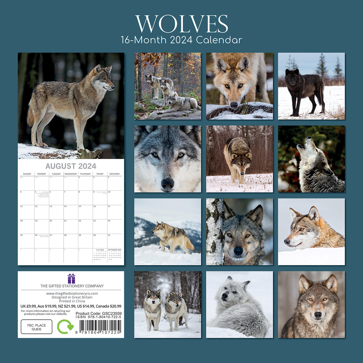 Wolves - 2024 Square Wall Calendar Pets Animals 16 Months Christmas Planner Gift