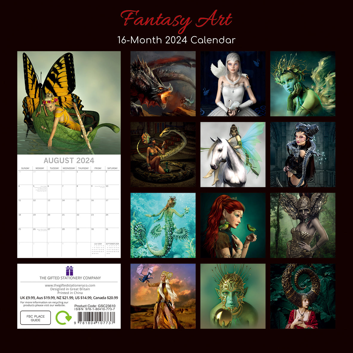 Fantasy Art - 2024 Square Wall Calendar 16 Months Arts Planner New Year Gift