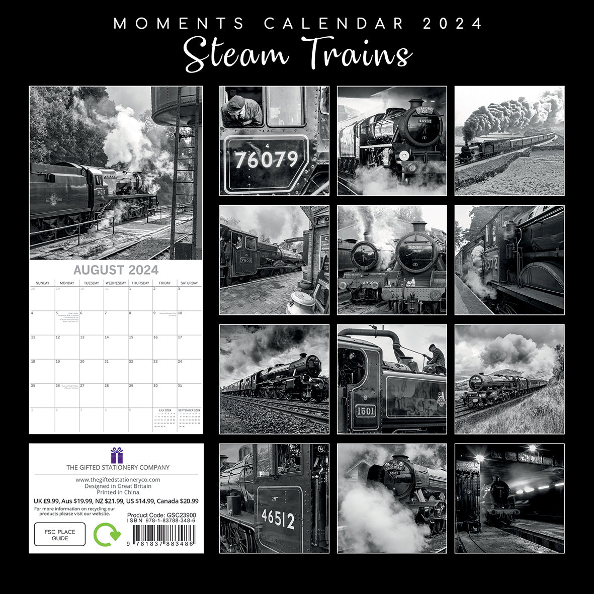 Steam Trains - 2024 Square Wall Calendar 16 Month Black & White Planner New Year