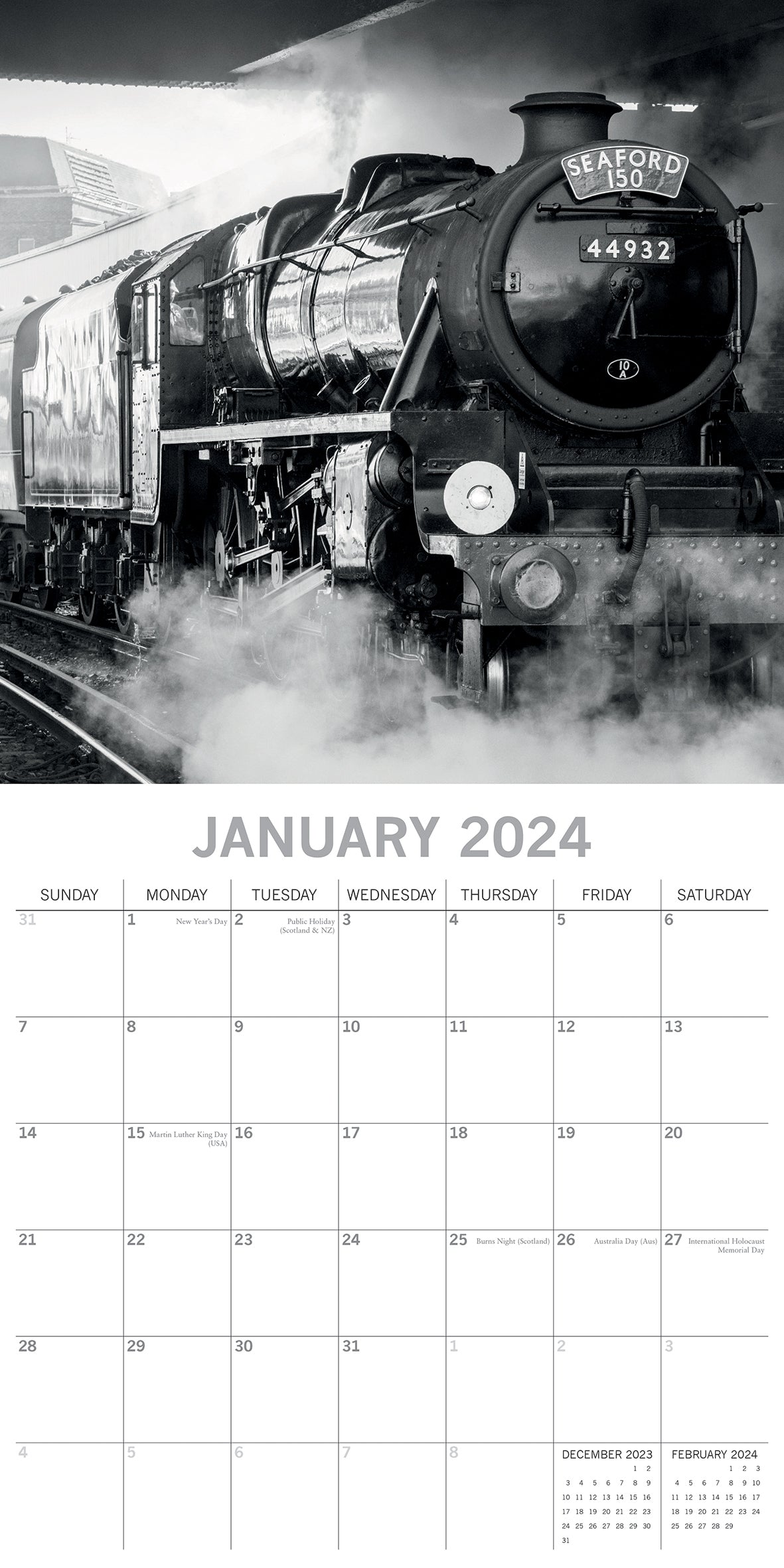 Steam Trains - 2024 Square Wall Calendar 16 Month Black & White Planner New Year