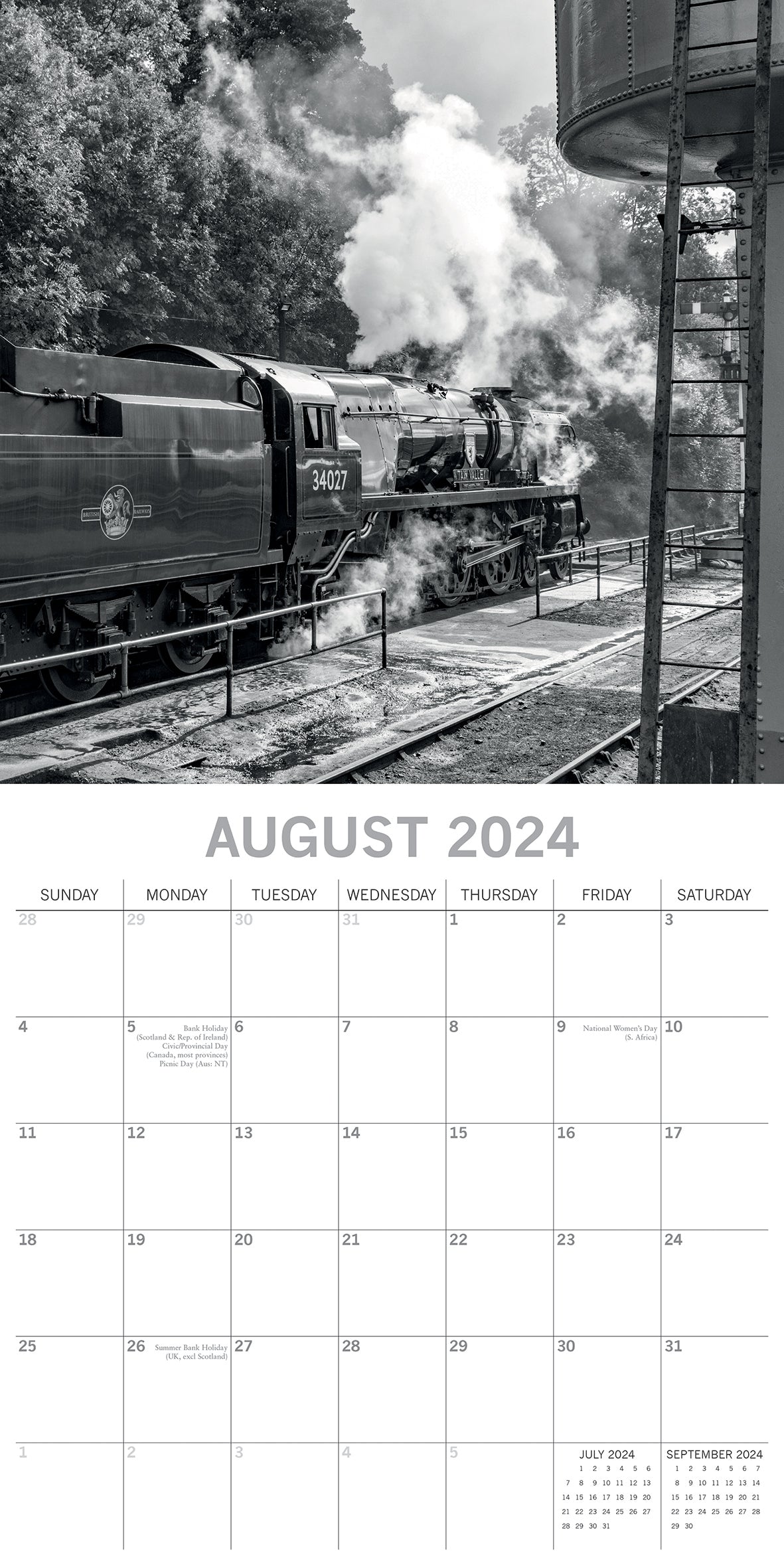 Steam Trains - 2024 Square Wall Calendar 16 Month Black & White Planner New Year