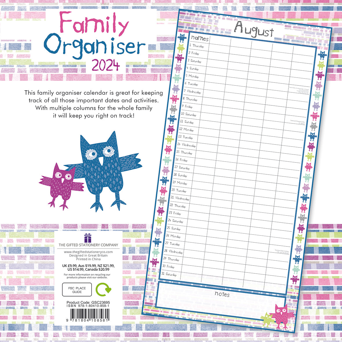 Owls Family Organiser - 2024 Square Wall Calendar 16 Month School Planner Birds