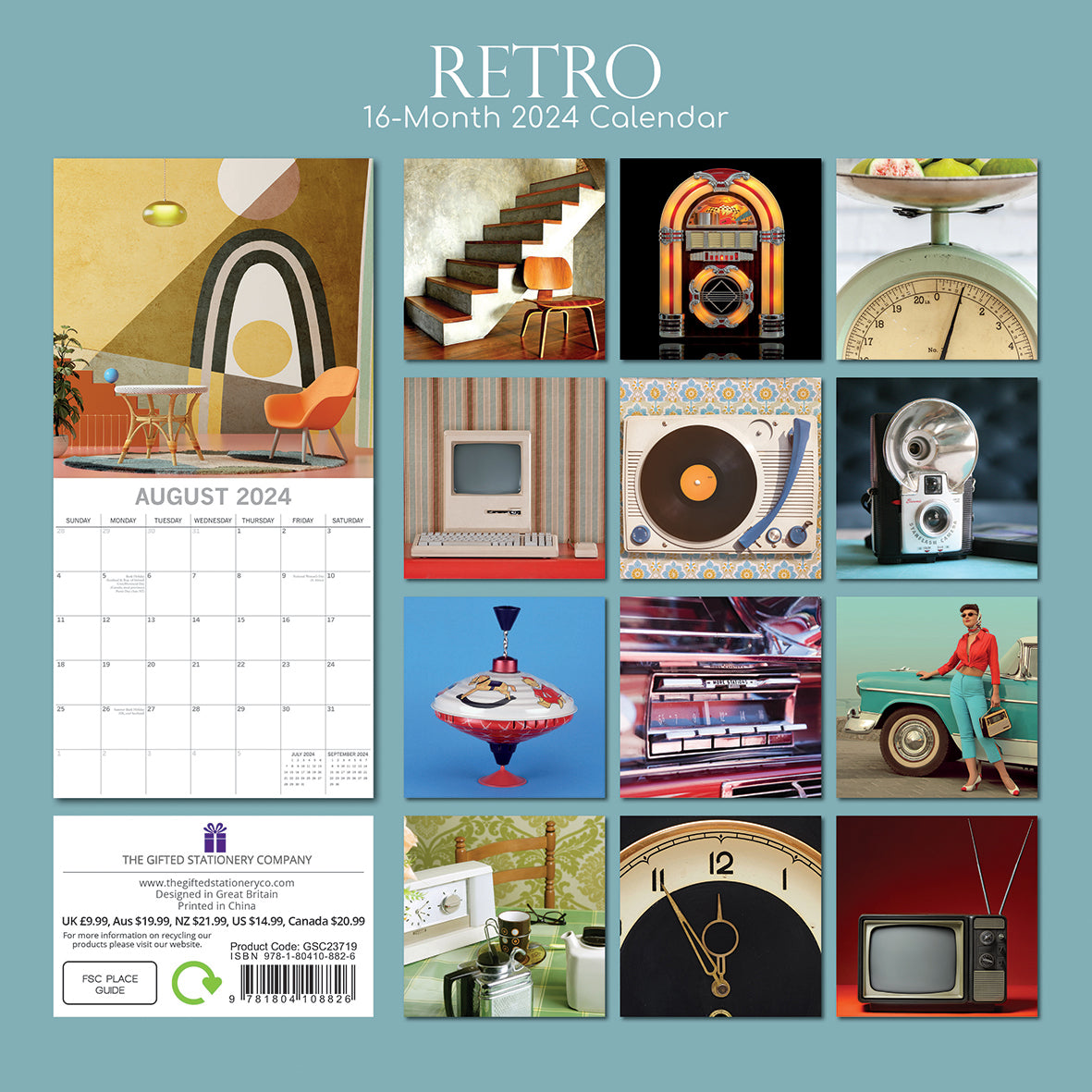 Retro - 2024 Square Wall Calendar 16 Months Lifestyle Planner Xmas New Year Gift