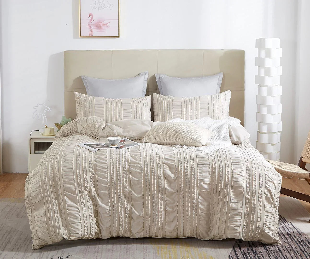 Tufted Boho Striped Embroidery Quilt/Doona/Duvet Cover Set - Super King Size