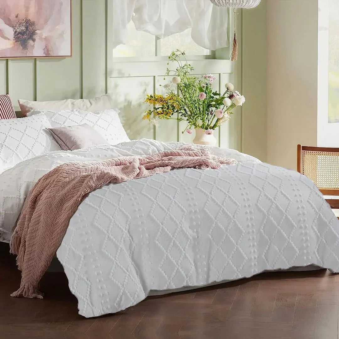 Tufted Boho Embroidery Quilt/Doona/Duvet Cover Set - White - Super King Size