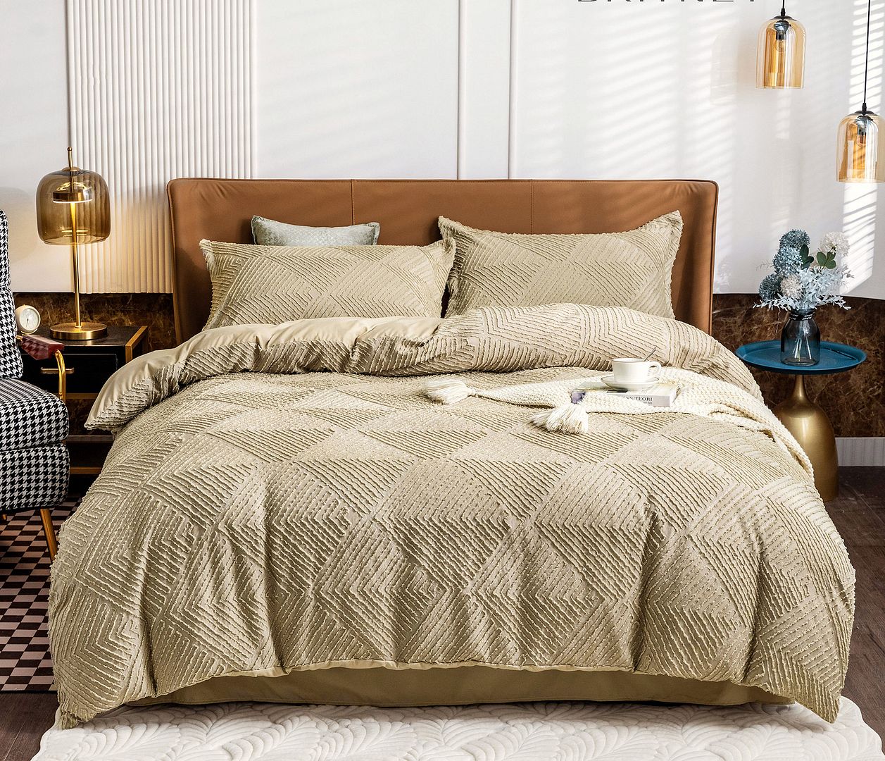 Tufted Textured Jacquard Quilt Cover Set- Beige - Super King Size