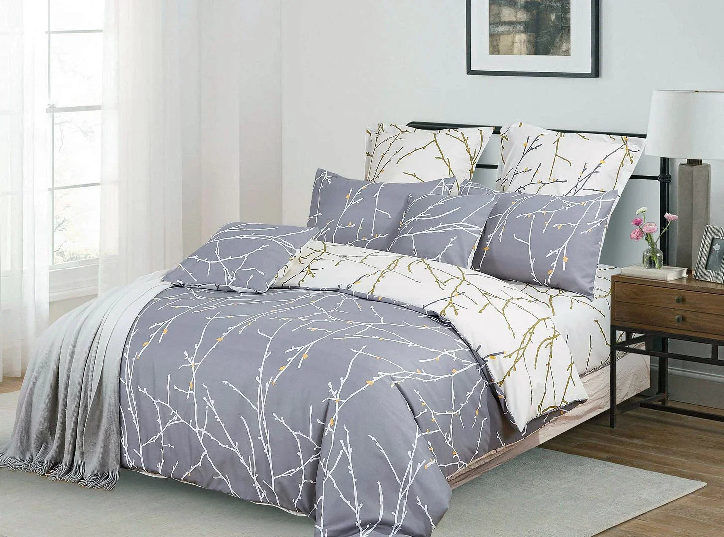 Tree Reversible Queen Size Grey Duvet Quilt Cover Set
