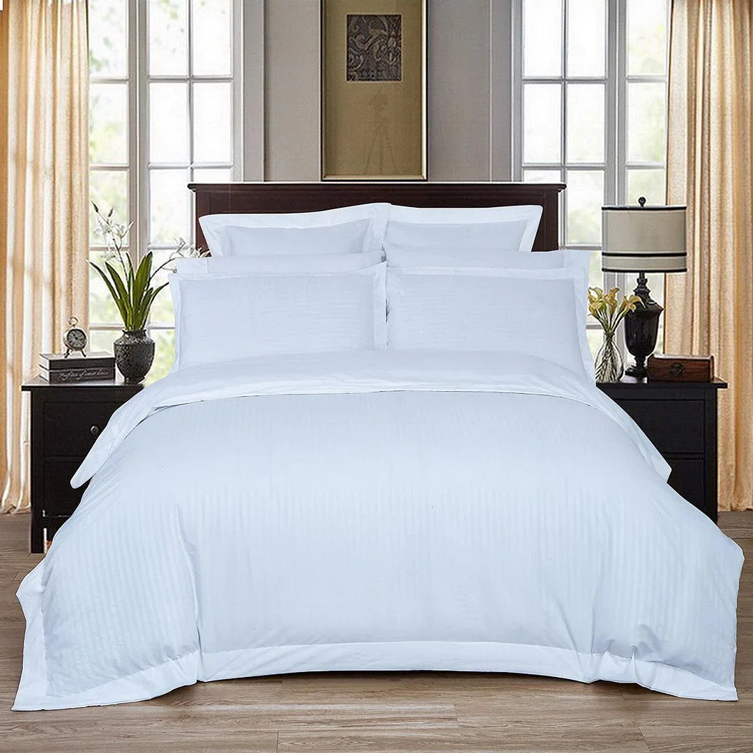1000TC Ultra Soft Striped King Size White Duvet Quilt Cover Set