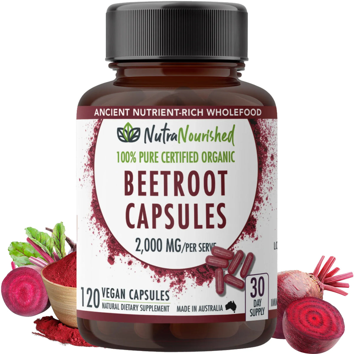 Nutra Nourished Organic Beetroot Capsules 120 Vegan Caps 2000mg Australian Made