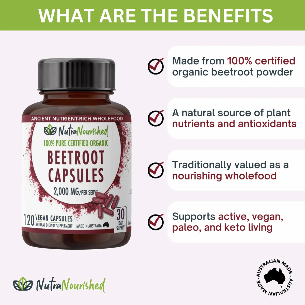 Nutra Nourished Organic Beetroot Capsules 120 Vegan Caps 2000mg Australian Made