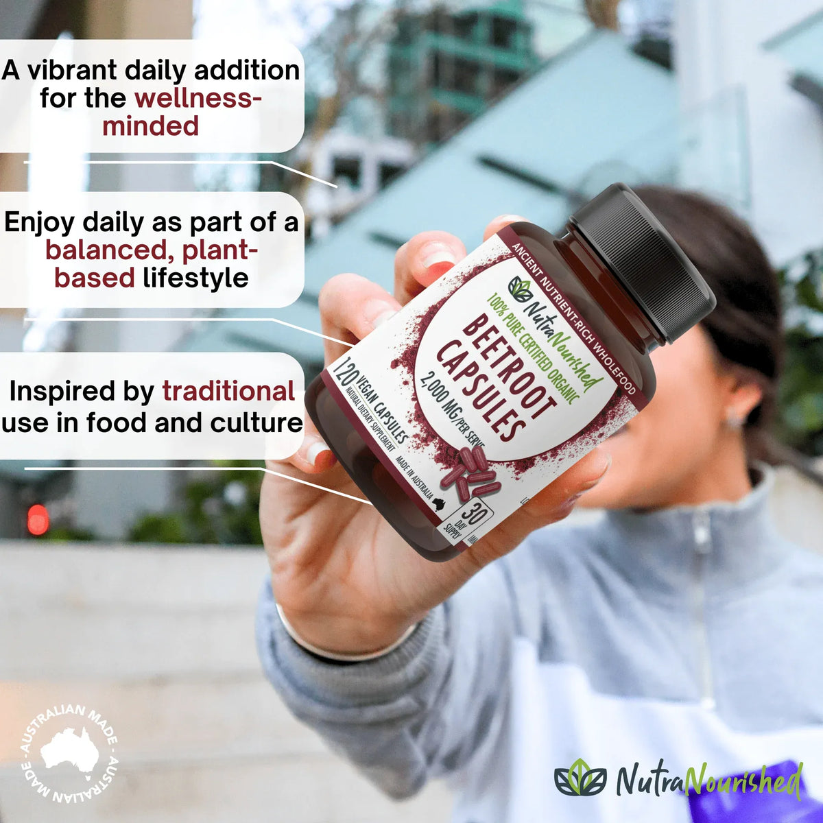 Nutra Nourished Organic Beetroot Capsules 120 Vegan Caps 2000mg Australian Made