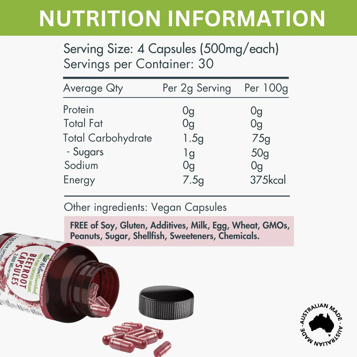 Nutra Nourished Organic Beetroot Capsules 120 Vegan Caps 2000mg Australian Made