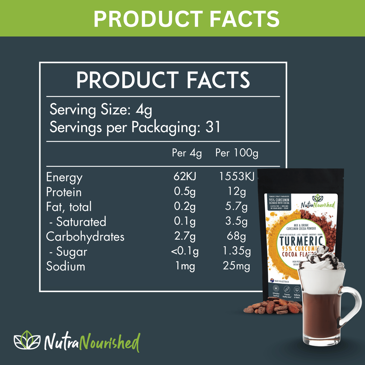 95% Organic Curcumin Extract Cocoa Flavour - Turmeric Powder With Black Pepper - Organic and with Black Pepper, 125g